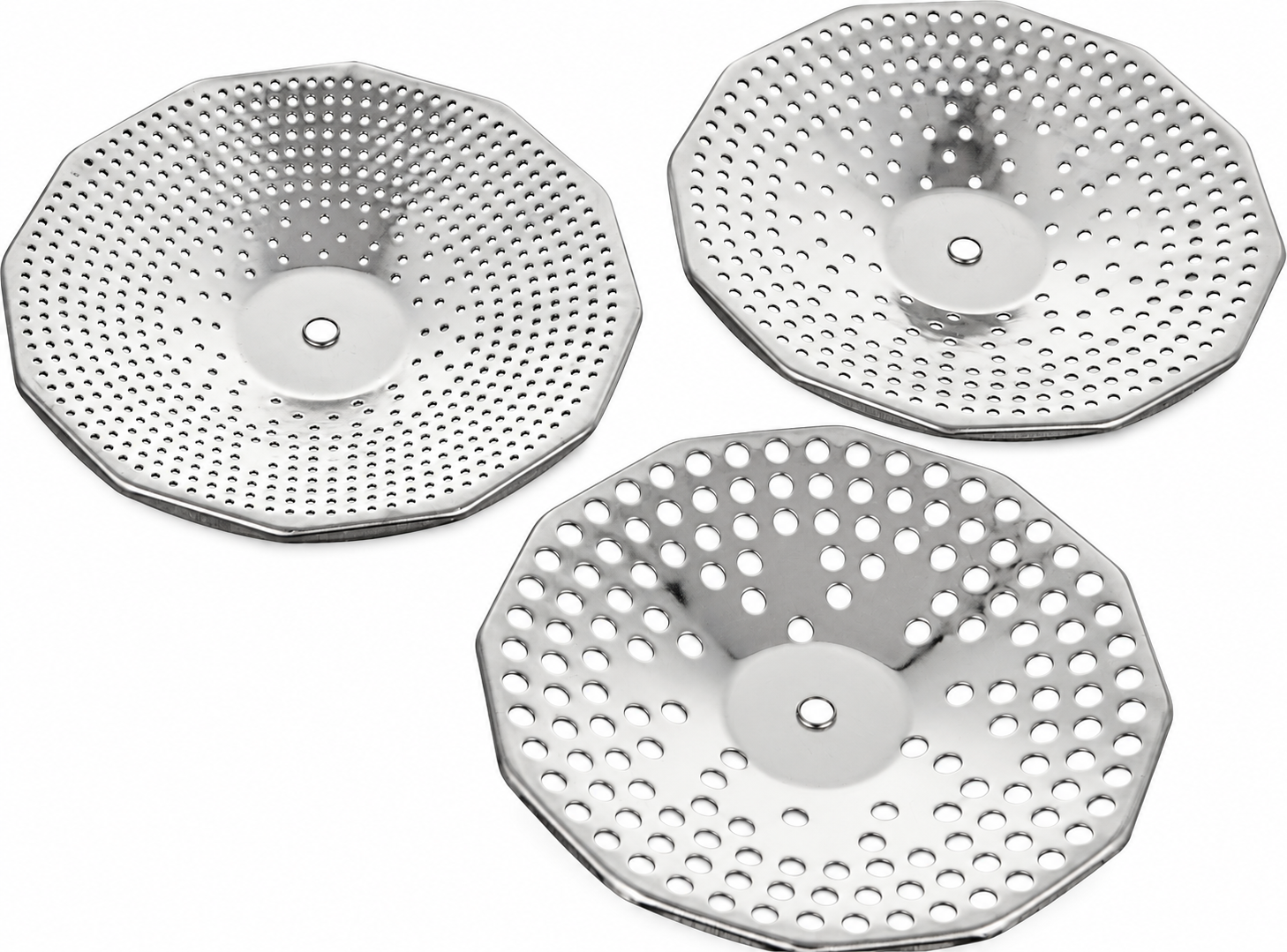 Trzy wymienne sita Ø 1,5 mm Ø 2,5 mm i Ø 5 mm do przecieraka Emanuel 3 O.M.A.C.